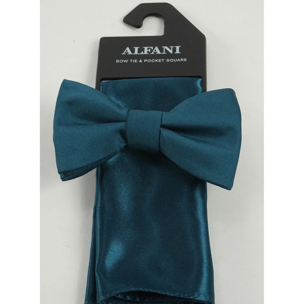 New 55$ Alfani Bow Tie & Pocket Square Set Mens Blue Woven Sharkskin One Size